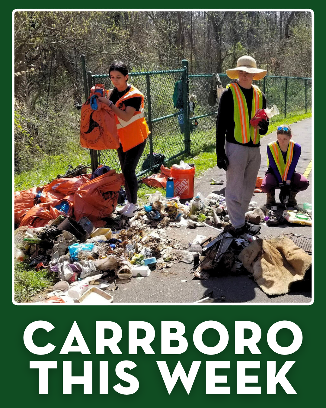 Volunteers cleaning up trash along the Libba Cotten Bikeway for Creek Week