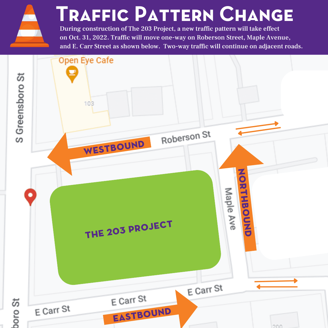 Graphic shows new temporary traffic pattern for Roberson, Maple, and Carr St. beginning Oct. 31